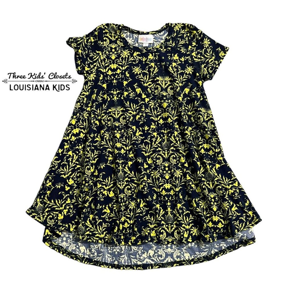 LuLaRoe Kids Sz 4 Navy & Neon Yellow Scarlett Dress